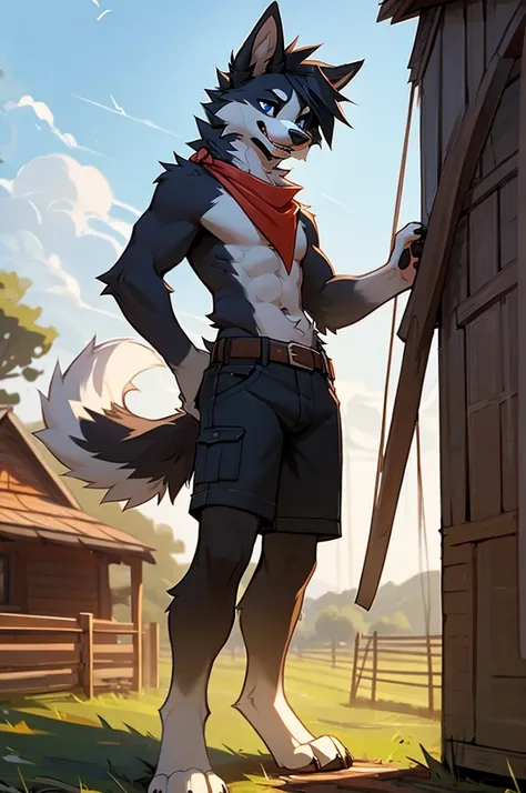 furry, anthro, border collie, border collie ears, fluffy border collie tail, (black and white fur), fluffy mohawk, hair same color as fur, messy fur, neck floof, light blue eyes, razor sharp teeth, slim body, handsome, sexy, slender, giant, wearing a red n...