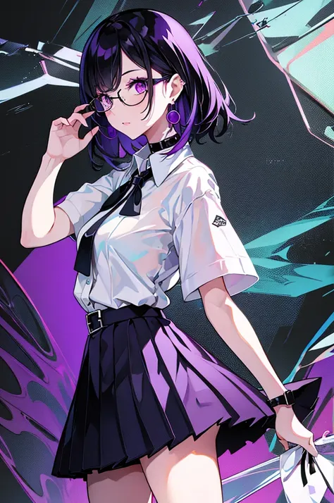 girl in black and purple hair standing in front of purple background, 1 girl, alone, short hair, skirt, shirt, black hair, simpl...