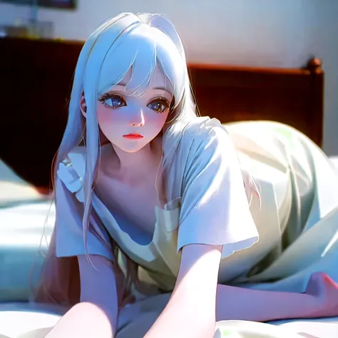 a beautiful young girl lying on a bed, 1 girl, adorable, long white hair, pale skin, barefoot, white stockings, fox ears, maid uniform, alluring, (best quality,4k,8k,highres,masterpiece:1.2),ultra-detailed,(realistic,photorealistic,photo-realistic:1.37),in...