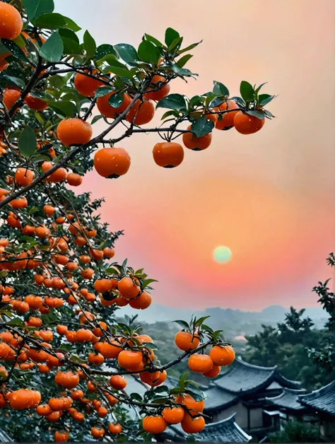 Many persimmons with water drops on the persimmon tree，There are Chinese-style buildings，There is a red sunset，Real photography,Fresh and natural picture，best quality, high resolution, 16K
