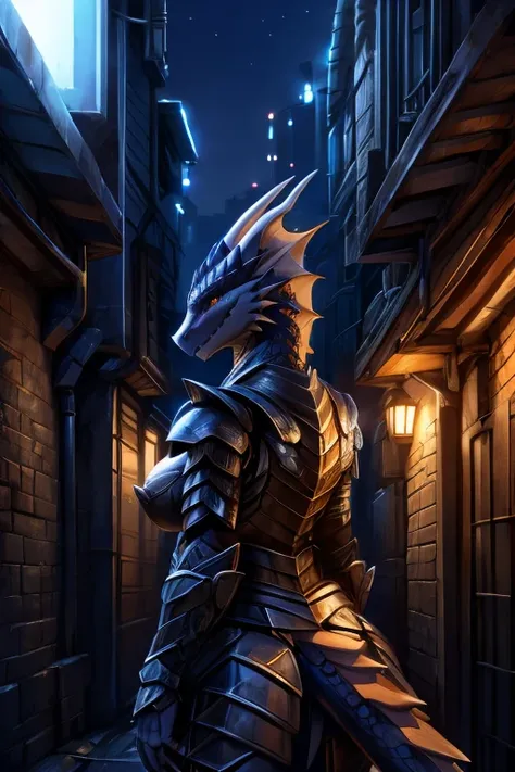 highest quality、high resolution、armored female dragon、big breasted、the background is a back alley、night