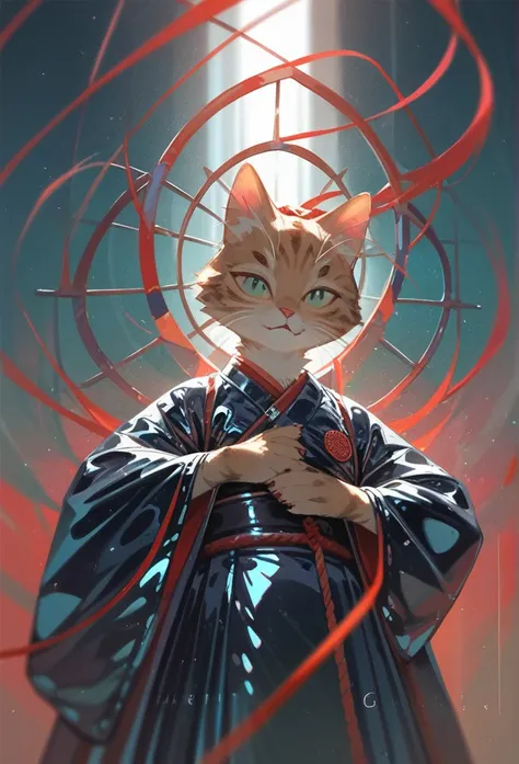 a highly detailed, masterpiece illustration of a furry catgirl wearing a rubber kimono, in a surreal and anatomically perfect performance, in a highly detailed background of Kyoto, with excellent lighting and cinematic shadows