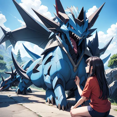 Pokemon Ghibli style Dialga being petted by the main character