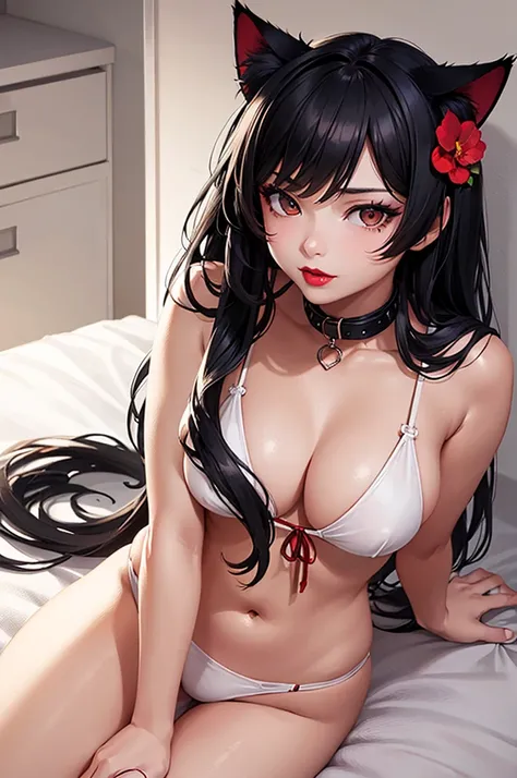 Detailed facial details，16 years old，1 girl，Red lips，Cat ear，Black long hair，Wearing a pure white bikini，Large Breasts，Slim，Collar，Radiant Skin，Sitting on the bed，flower，bedroom