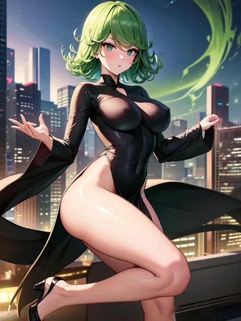 (high res, 8K, masterpiece, looking at viewer, best quality, very aesthetic, ultra detailed, ultra background, ultra Eyes), intricate details, 1girl, Tatsumaki, wearing a form-fitting black V-neck dress with a high collar, long trumpet sleeves, four high-r...