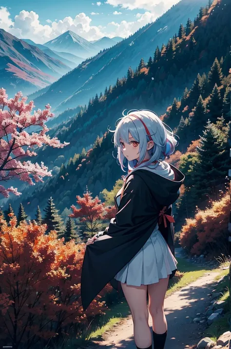 anime girl,bright eyes,cape,Hood removed,Two colored hair,the forest,mountain,Tower,На backgroundе Огромный мир с Бескрайним горизонтом,Flame Envelops the Tower,4K wallpaper,Art wallpaper Anime,background