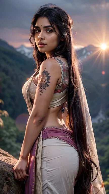 30 year old indian woman, wearing Saree, long braid hair, mountain forest, ultra realistic, realism, cute, charming, dusk time, sunset, medium height, big eyes, tattooed hands, sexy, ambient lighting, lens flare, god rays, perfect anatomy, detailed body an...