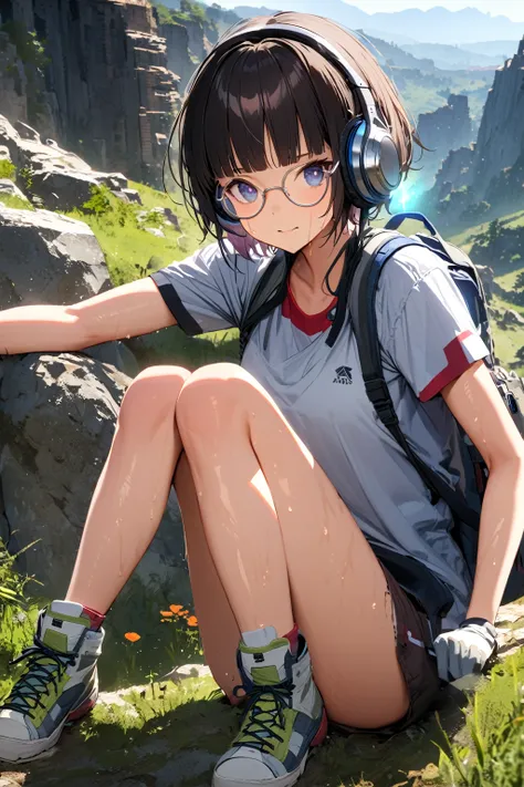 (extremely detailed fine touch:1.3), (((silver semi-rimless round eyewear:1.3))), (wear silver headphones:1.2), black short hair, blunt bangs, glowing 1girl, solo, 2.5d face, sweaty, camping wear, bare arms, bare legs, backpack, glove, shoes, extremely det...