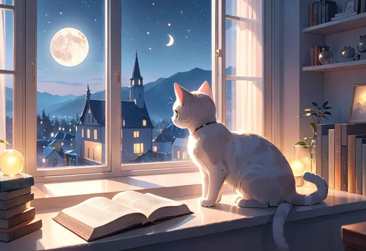 (highest quality:1.2), Beautiful lo-fi minimalist vibe, 1Cat, Book, window, cat looking at window, full moon, light bokeh, In soft colors, Sparkling, dynamic side angle, Natural soft lighting, 8K resolution, figure, pastel four colors