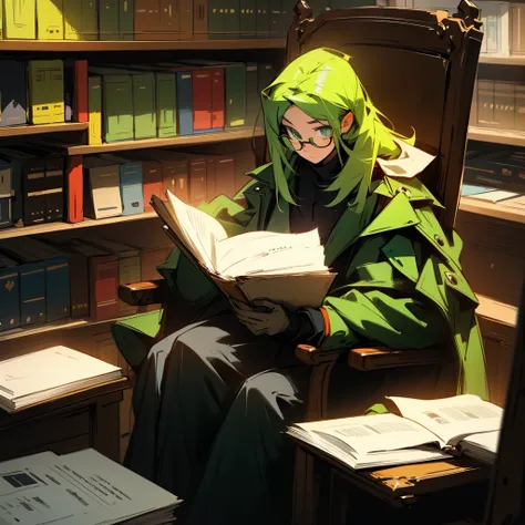 A girl with glasses, reading a book in a library alone sitting on a chair while having a cup of coffee wearing a uniform and a coat at top of it, wearing black socks and gloves. Having bright green eyes. 