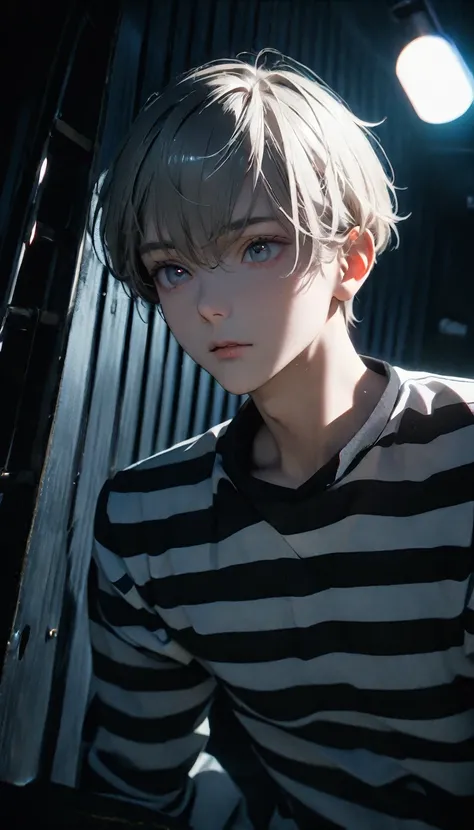 (8k, RAW photos, best quality, masterpiece: 1.4), (((Boy examining himself)))，Ultra-high resolution, Extremely detailed, Dim Lights, Upper body close-up, handsome boy, black eyes, (delicate eyes, Eyes are bright:1.2), Gray short hair, Fair skin,dark, Black...