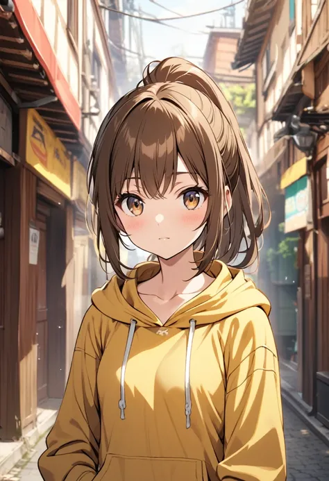 female , ponytail, face, brown hair, brown eyes, yellow hoodie,collarbone,small breasts,brown eyes,