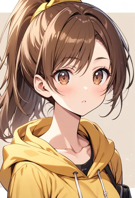 female , ponytail, face, brown hair, brown eyes, yellow hoodie,collarbone,small breasts,brown eyes,