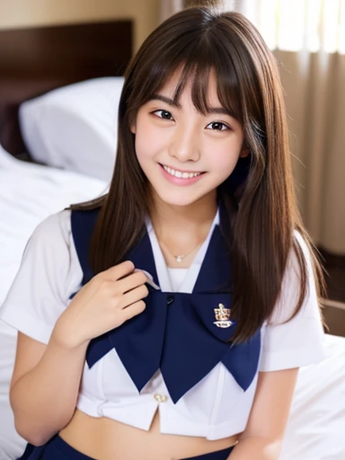 A very cute face like a 15-year-old idol　Smiling Kindly　School uniform　I can see your underwear　Whole body　Medium size bust　bedroom　night　Hotel Bed　RAW Photos　Genuine　Real　High definition