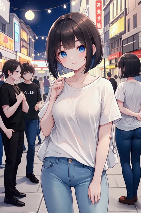 Photorealistic、Highest quality、Highest Resolution、Highest quality、16Ｋ、One beautiful woman、Cute face、Delicate face、Bob cut hair、Dark Hair Color、Pale blue eyes、Beautiful breasts、Casual T-shirts、Casual skinny pants、night、In the city、smile、looks fun、