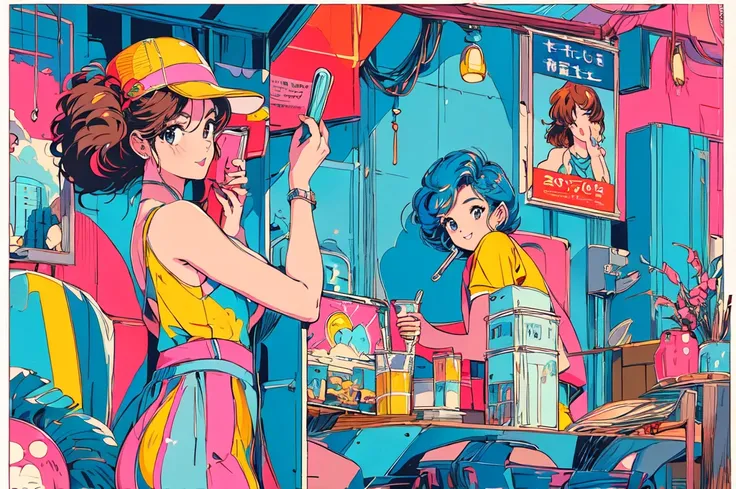 (80s, Retro, City Pop Poster:1.5), , (masterpiece, Highest quality), (anime, figure), Best Photo Poses, Dynamic Angle, Cowboy Shot, alone, smile, A perfect eye for detail, Delicate face, High Fashion, Retroなゲームセンター、American casual、jazz、the 90s、Vintage、toba...