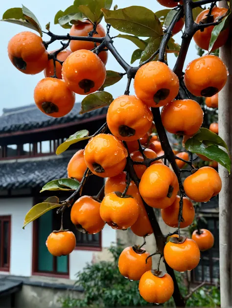 Many persimmons with water drops on the persimmon tree，There is an old Chinese house，There is a red sun and sunset in the background，Real photography,Fresh and natural picture，best quality, high resolution