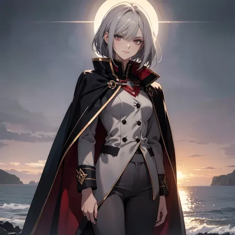 (Confused, High resolution, Very detailed), 1 female, Silver Hair,Falling Bob Hair,Crimson Eyes,uniform,24th generation,beauty,mature,thin,quiet,Calm,A small smile,A kind smile,In front of people you like,Cape coat,Slender and thin,boots,skinny pants,Sea a...