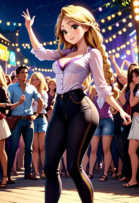 score_9, score_8_up, score_7_up, score_6_up, 1girl, solo, rapunzel (blonde hair, long braid:1.4), wearing (tight pants:1.1) and (cotton blouse, unbuttoned:1.2), cleavage, looking cute, fashionable, cinematic lighting,, dancing, music festival, big crowd, c...