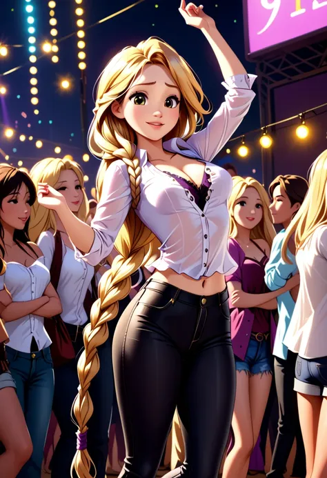 score_9, score_8_up, score_7_up, score_6_up, 1girl, solo, rapunzel (blonde hair, long braid:1.4), wearing (tight pants:1.1) and (cotton blouse, unbuttoned:1.2), cleavage, looking cute, fashionable, cinematic lighting,, dancing, music festival, big crowd.