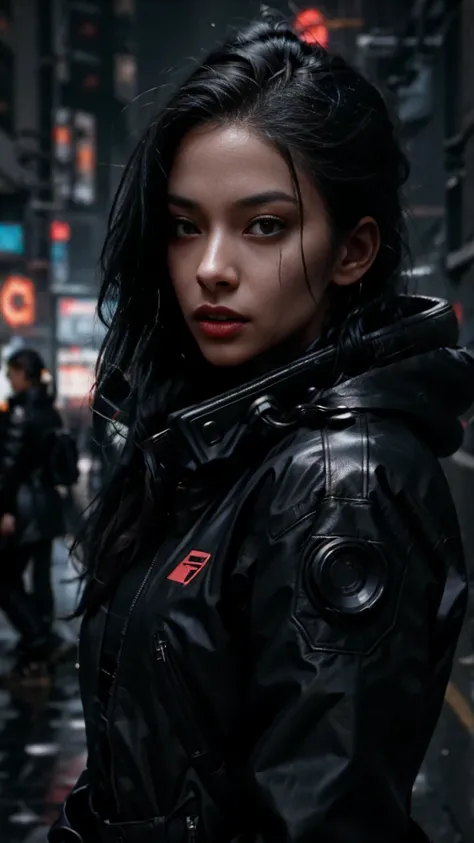 face portrait, one women, with black coat, cyberpunk