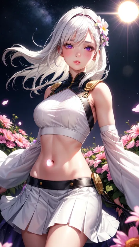 realistic, 1girl, white hair, purple eyes, glowing eyes, crop top, skirt, parted lips, blush, night, flowers, sun, sunlight,