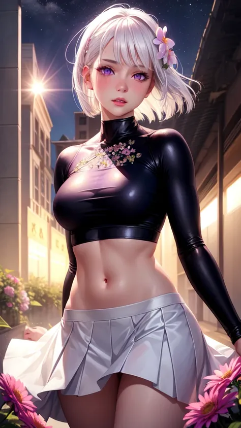 realistic, 1girl, white hair, purple eyes, glowing eyes, crop top, skirt, parted lips, blush, night, flowers, sun, sunlight,