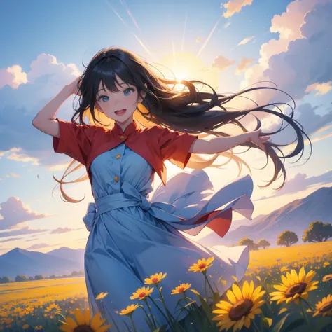 A joyous anime girl in the middle of a very big flower field, jumping with her hands above her head while watching the sun go down over the horizon. Her back is towards the camera. Its evening due to which the upper sky is bluish. Faraway shot. 2d.