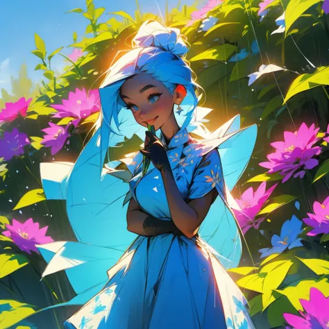 A girl watering the plants in her garden full of flowers under a bright blue sky wearing black gloves having light blue hairs. Smiling brightly looking at the flowers. Eye detail, intricate details, wearing a flower print dress