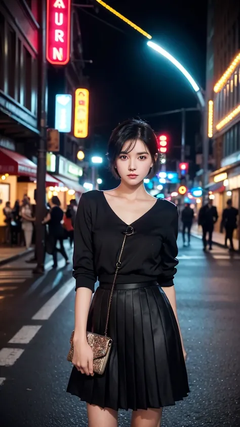 Cute young woman, Black short hair, Brown eyes, Queen,Pleated skirt suit,Street Lights,Neon lights,Bustling street background,(Umbilical cord:1.1,Princess Eyes), noble, Royal Family, high quality, masterpiece, Very detailed