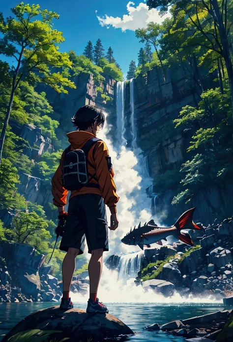 bright colors,anime,Backwoods,boy,Training by the Lake,Near the Monster Looks at the Guy,dark hair,Bright Water with Fish Visible,Near the waterfall,Equipment, bonfire,4K wallpaper,beautiful view