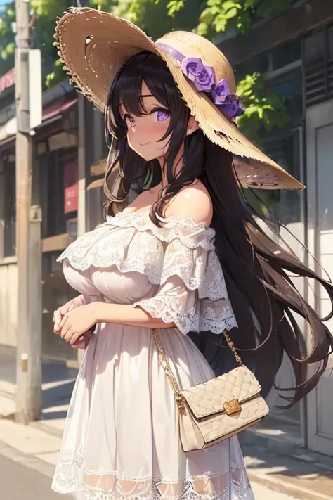 1girl,(light Purple eyes),(black hair),(absurdly long hair,long hair between eyes),(black hair over one eye),waved hair,huge breasts,sagging breasts,(disproportionate gigantic Saggy breast:1.4),(Promenade background:1.4),puddle, break Embarrassing,blush,ba...