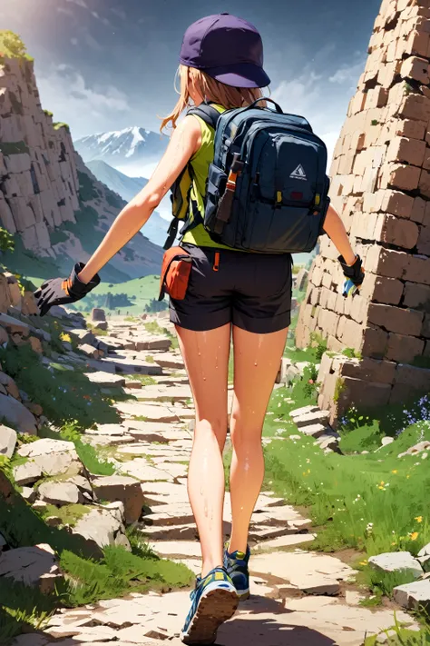 (extremely detailed fine touch:1.3), 1girl, solo, 2.5d face, from behind, close-up legs, sweaty, walking, camping wear, working wear, working shorts, bare arms, bare legs, backpack, glove, shoes, extremely detailed ancient ruins, top of the mountain