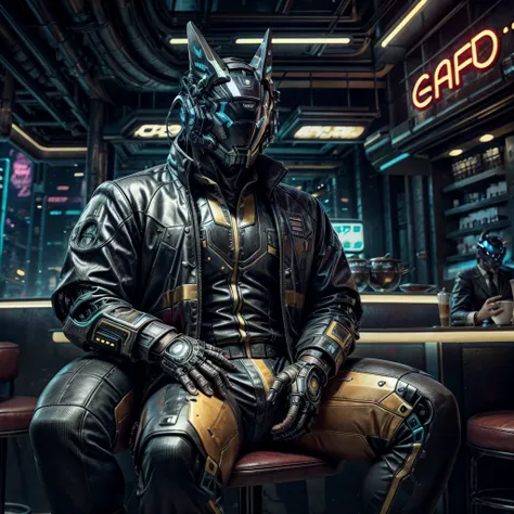 male, (muscular, only glowing cyberpunk future helmet, business suit,)  realistic, cafe, sitting in front pov