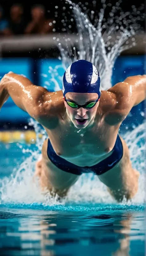 Realistic photography, sport photography, dynamic shot, Swimming competition, fast freestyle swimmer, front crawl, water splashes, dynamic shot, very shallow depth of field capturing only the swimmer, full body shot, fast capture photo, motion blur, shallo...