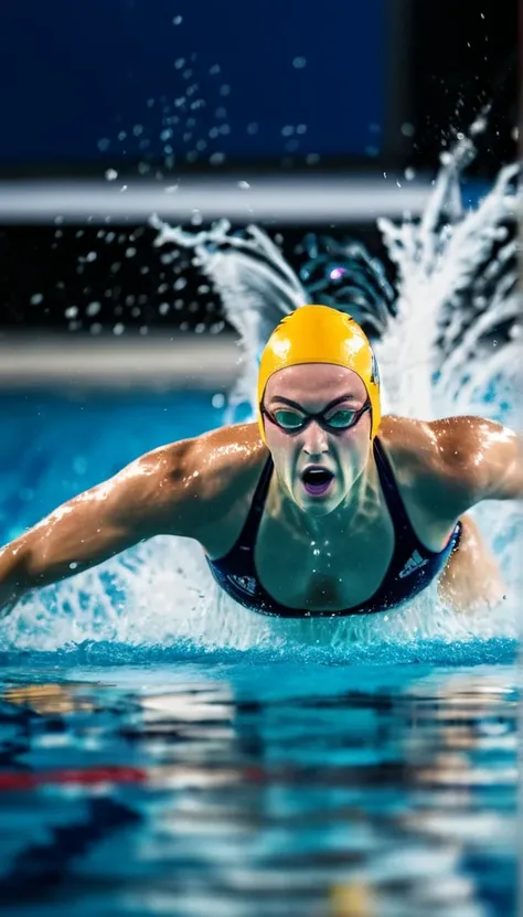 Realistic photography, sport photography, dynamic shot, Swimming competition, fast freestyle swimmer, front crawl, water splashes, dynamic shot, very shallow depth of field capturing only the swimmer, fast capture photo, motion blur, shallow depth of field...