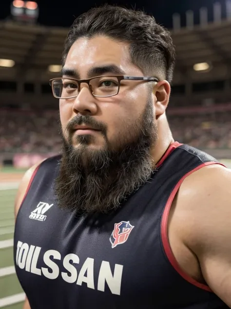 (yossan), beard, Glasses, obesity, Sports photography, Track and field athlete, (Pellets投), Throw, Throwの瞬間, Powerful facial expressions, (Pellets), Iron ball, Japanese Representative, Bib, Cheering from the stadium, full body