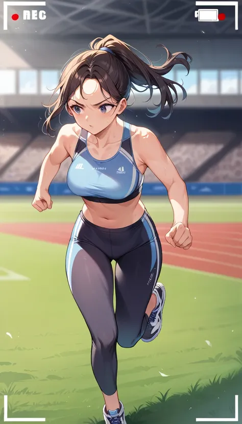 score_9, score_8_up, score_7_up, score_6_up, 1girl, ponytail, sports bra, sports leggings, sport shoes, sport sneakers, swaying hair, focused, running, jogging, sports photography, recording, scenery, blurry background, sport arena, sport arena background,...