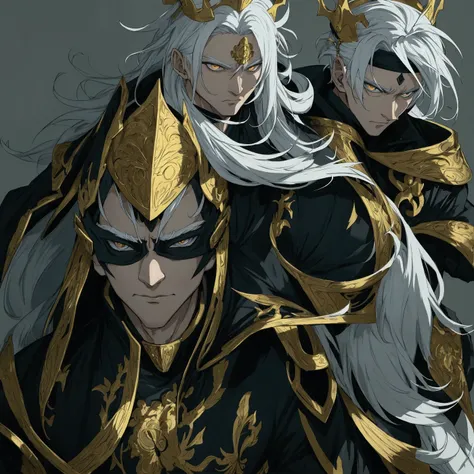 make this character into anime art style, man face, white hair, gold crown on his head, change background 