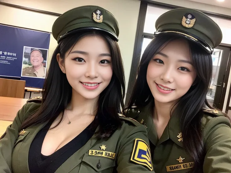 (A cute and beautiful Korean female soldier poses for a commemorative photo with her strong male friend and strong sergeant.:1.3)(Grinning expression:1.2)(20-year-old:1.3)(Huge , There is cleavage in the chest:1.2),(Sweating profusely)(Huge boobs)(Elegant,...