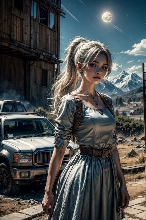 (masterpiece, best quality:1.2), cowboy shot, weissvale, expressionless, closed mouth, looking at viewer, long white hair, side ponytail, scar on eye, white dress, jewelry, necklace, earrings, standing with crowd in city ruins on hill, overlooking valley, ...