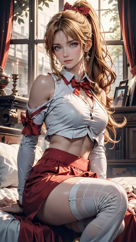 masterpiece, Ultra-high-definition CG, Highest quality, Perfect photo, alone, Lydia Sobieska (Iron fist, Blonde hair in a high ponytail, blue eyes, Red Hair Bow, strong), Wearing a sexy karate uniform, Sit on the bed, Turn to the side, blush, Show your sho...