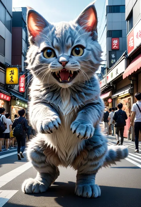 photorealistic,(Masterpiece, BestQuality), (hyperrealistic), (8k,Photorealistic), (realistic),super giant kitten monster is attacking people,cute,body length 300 meters,tokyo,