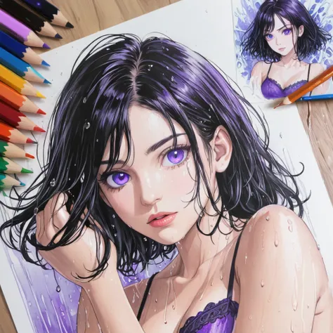 Raven，short wet transparent camisole，dark hair and violet eyes, white，accurate perfect hands, Art，ad，colour pencil drawing，draft drawing ，comic collage，illustration