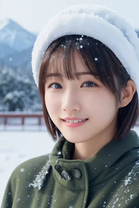 Beautiful Japanese Women,(Winter clothes:1.2), 20-year-old、Light green coat、Snow Hat, (RAW Photos, Highest quality), (reality, Realistic:1.4), Clean look、Iris、very detailed eyes and face, Beautiful and detailed nose, beautiful eyes, Perfect Anatomy, Black ...