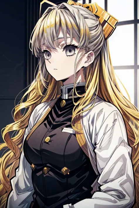 (masterpiece, best quality, perfect face, expressive eyes), 1girl, (anime), (adult), grey eyes, (golden blonde hair), long hair, black demon slayer uniform, (hair ornament), intricate details, (fancy grey haori), 