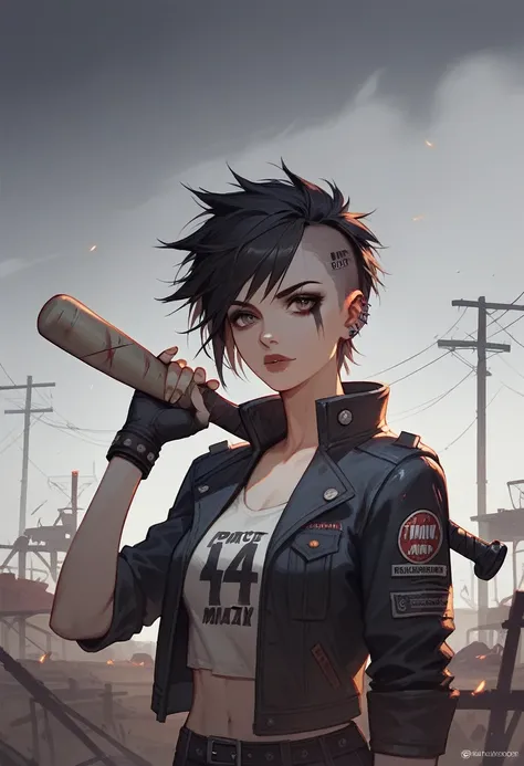 (Fraction_9,Fraction_8_Direction_7_up),1 Woman,Half Body，Wasteland，punk，Mad Max，Second Dimension，short hair，jacket，Baseball bat，