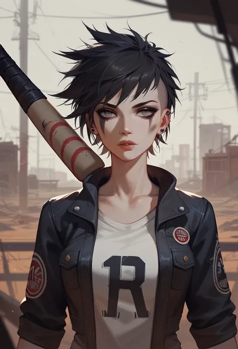 (Fraction_9,Fraction_8_Direction_7_up),1 Woman,Half Body，Wasteland，punk，Mad Max，Second Dimension，short hair，jacket，Baseball bat，