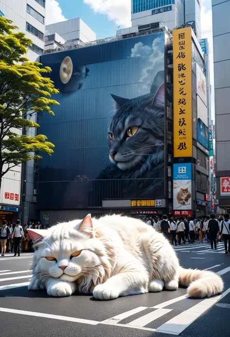 photorealistic,(Masterpiece, BestQuality), (hyperrealistic), (8k,Photorealistic), (realistic),super giant cat monster is sleeping surrounded by a large building,cute,body length 300 meters,tokyo,shibuya Scramble crossing