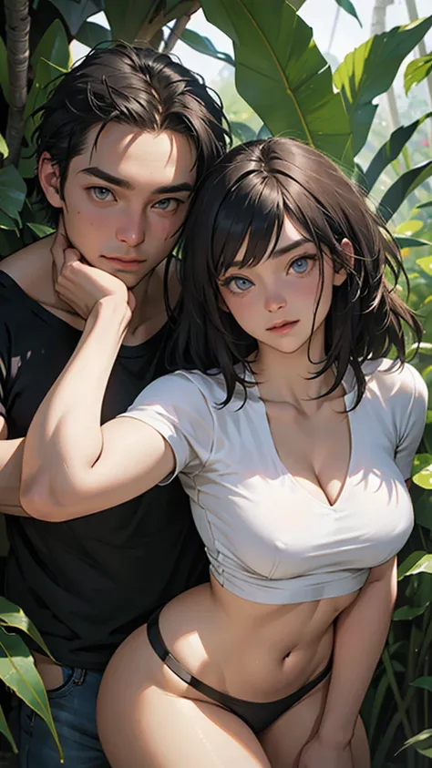 A couple in a jungle hills, beautiful detailed eyes, extremely detailed face, short clothes, curvy hips 